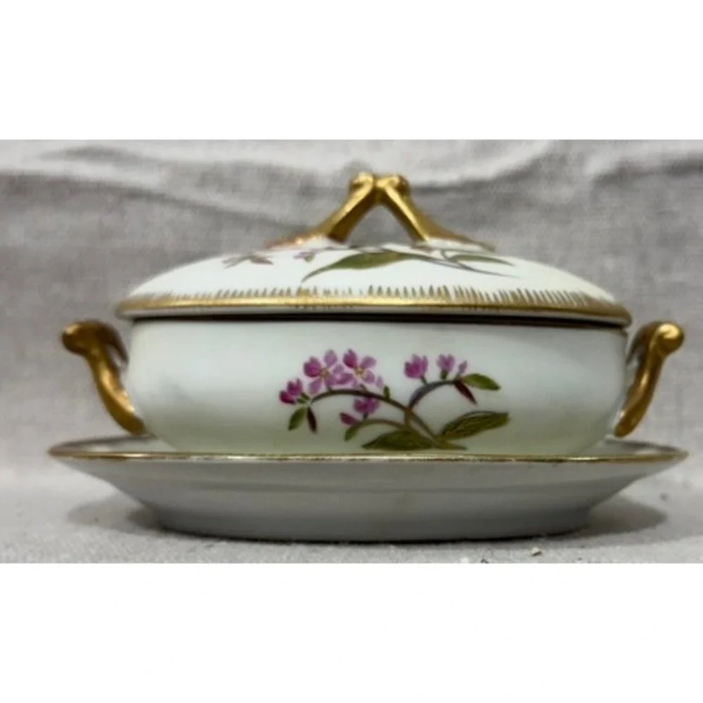Vintage Floral Porcelain Lidded Tureen and Underplate Set Gold Gilt 6623